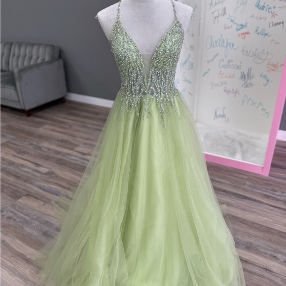 Flowy Green Beaded Prom Gown
